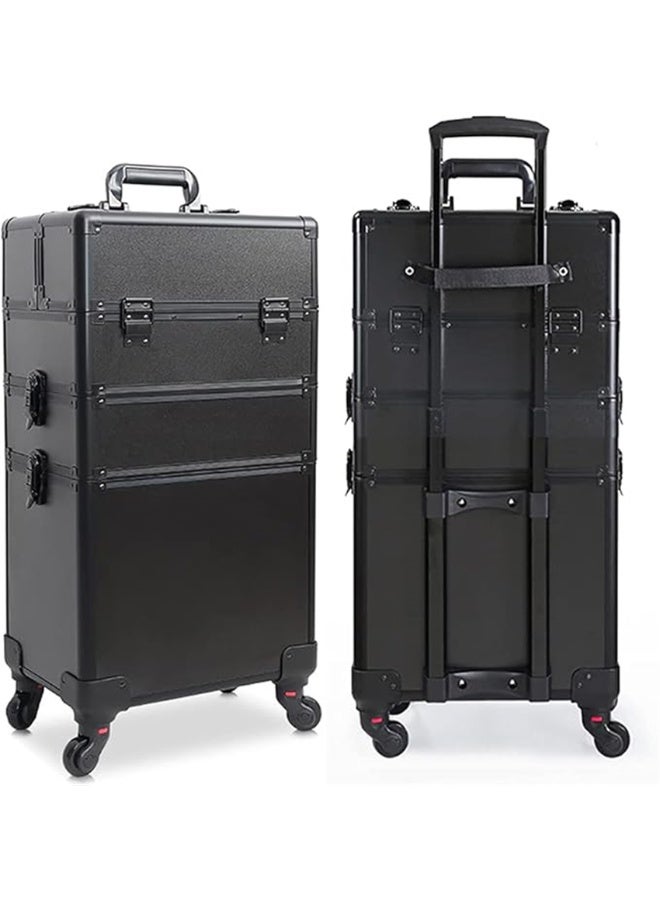 حالة ماكياج المهنية حالة ماكياج عربة الحالة، ماكياج كبير قطار حالة المتداول ماكياج منظم مربع، قفل المجوهرات السفر مستحضرات التجميل حالة القطار مع 4 عجلات (أسود، 3 طبقة) - Image 1